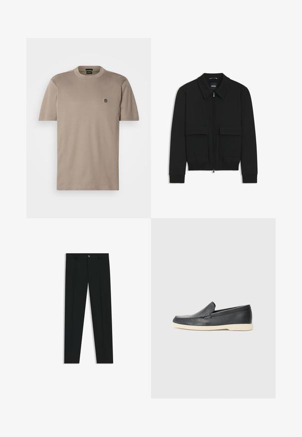 Black bomber jacket with a collared neck, zip front, and two large flap pockets. Features ribbed cuffs and hem, made of textured fabric.; Beige T-shirt made of soft cotton. Features short sleeves, a crew neck, and a small logo patch on the left chest. Simple design.; Black dress pants with a straight-leg design, made of smooth fabric. Features a front button closure and belt loops. Plain without patterns.; Black leather slip-on loafers with a textured finish and a contrasting beige rubber sole. Features a subtle accent along the front.