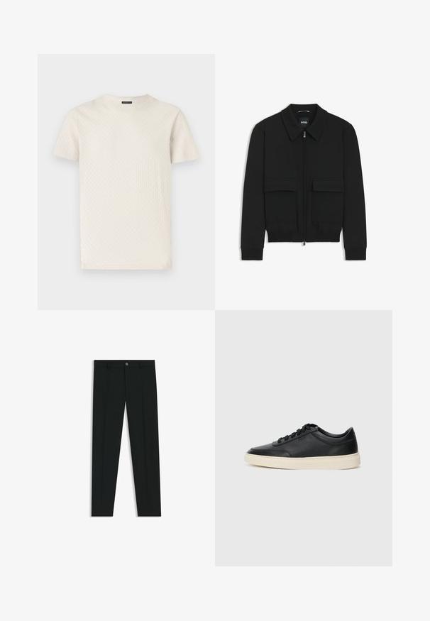 Black bomber jacket with a collared neck, zip front, and two large flap pockets. Features ribbed cuffs and hem, made of textured fabric.; Light beige short-sleeve t-shirt in a textured fabric, featuring a crew neckline and a straight cut with a subtle pattern throughout.; Black dress pants with a straight-leg design, made of smooth fabric. Features a front button closure and belt loops. Plain without patterns.; Black low-top leather sneaker with black laces and off-white sole shown in side profile on white background.