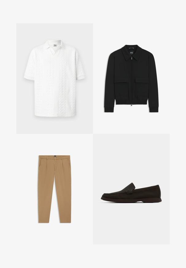 Giacca bomber nera con colletto, chiusura a zip frontale e due grandi tasche con patta. Presenta polsini e orlo a costine, realizzata in tessuto testurizzato.; Polo shirt bianco a maniche corte con un design a coste testurizzato e colletto. Presenta un scollo a V con bottoni e una vestibilità rilassata.; Pantaloni beige con una texture liscia, design a gamba dritta, tasche anteriori e chiusura con bottone in vita.; Mocassini slip-on in suede marrone scuro con punta cucita, suola in gomma a profilo basso e dettagli texturizzati sulla parte superiore.