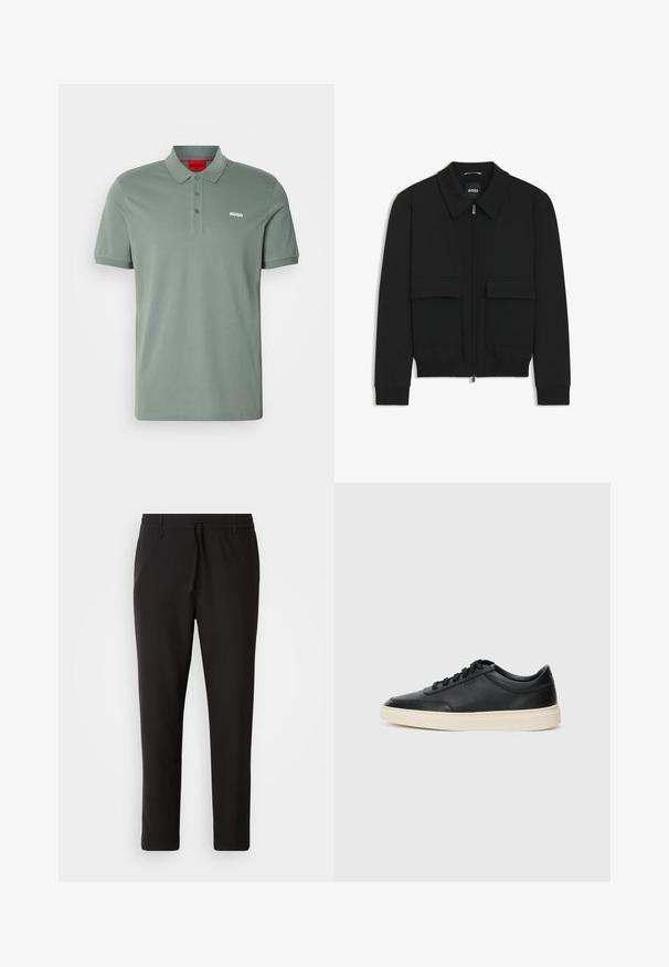 Schwarze Bikerjacke mit Kragen, Reißverschluss vorne und zwei großen Taschen mit Klappen. Mit Rippstrickbündchen und Saum, aus strukturiertem Stoff gefertigt.; Grüne Polo-Shirt aus Baumwolle mit einem Drei-Knopf-Verschluss, Logo auf der Brust und kurzen Ärmeln. Glatte Textur und klassischer Schnitt.; Schwarze Jogginghose aus glattem Stoff. Mit einem elastischen Bund und Kordelzug, schmal zulaufenden Beinen und ohne sichtbare Taschen. Einfaches Design.; Schwarzer niedriger Ledersneaker mit schwarzen Schnürsenkeln und cremefarbenem Sohlenrand, seitlich auf weißem Hintergrund dargestellt.
