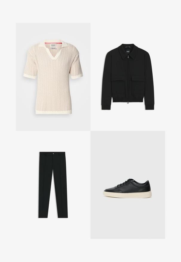 Musta pommikohva takki, jossa on kauluskulli, vetoketju etupuolella ja kaksi suurta läpällistä taskua. Varustettu ribbireunuksilla hihoissa ja helmassa, valmistettu teksturoituneesta kankaasta.; Beige lyhythihainen neule, jossa on teksturoitu sakara-kuvio ja V-kaulus. Varustettu kontrastivärisellä kermaisen valkoisella kauluksella ja hihoilla.; Musta housut, joissa on suora lahje, valmistettu sileästä kankaasta. Edessä nappisulku ja vyölenkit. Yksinkertainen ilman kuvioita.; Musta matalavartinen nahkastretchu, jossa on mustat nauhat ja vaaleanharmaa pohja, esitetty sivuprofiilissa valkoista taustaa vasten.