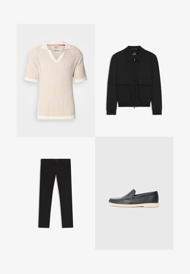 Musta pommikohva takki, jossa on kauluskulli, vetoketju etupuolella ja kaksi suurta läpällistä taskua. Varustettu ribbireunuksilla hihoissa ja helmassa, valmistettu teksturoituneesta kankaasta.; Beige lyhythihainen neule, jossa on teksturoitu sakara-kuvio ja V-kaulus. Varustettu kontrastivärisellä kermaisen valkoisella kauluksella ja hihoilla.; Mustat housut, jotka on valmistettu sileätekstiilisestä kankaasta. Varustettu nappikiinnityksellä, vyölenkeillä ja sivutaskuilla. Standardi suora lahjemalli.; Mustat nahkakengät ilman nauhoja, joissa on teksturoitu pinta ja kontrastoiva beige kumipohja. Kengissä on hillitty yksityiskohta etuosassa.