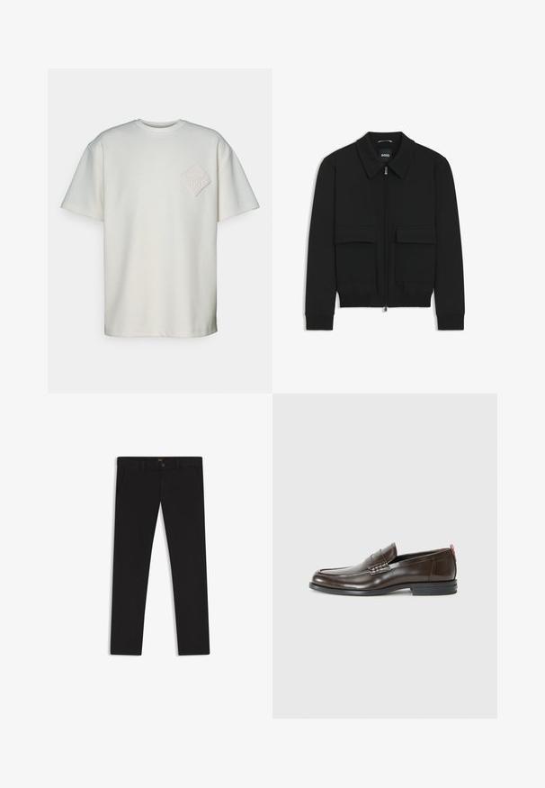 Musta pommikohva takki, jossa on kauluskulli, vetoketju etupuolella ja kaksi suurta läpällistä taskua. Varustettu ribbireunuksilla hihoissa ja helmassa, valmistettu teksturoituneesta kankaasta.; Lyhythelma-T-paita off-white-kotisesta, jossa vasemmassa rinnassa on nyppyinen timanttipatch, jossa on kohotettu kuvio.; Mustat housut, jotka on valmistettu sileätekstiilisestä kankaasta. Varustettu nappikiinnityksellä, vyölenkeillä ja sivutaskuilla. Standardi suora lahjemalli.; Ruske kožne loafere s glatkom završnom obradom, okruglim vrhom, dekorativnim šavovima i kontrastnim crvenim detaljem na peti. Gumeni potplat.