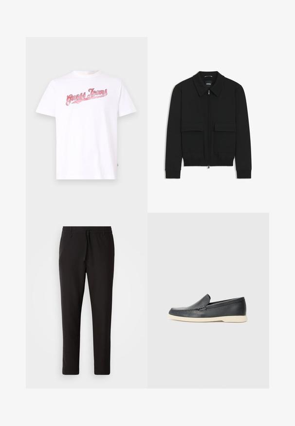 Black bomber jacket with a collared neck, zip front, and two large flap pockets. Features ribbed cuffs and hem, made of textured fabric.; White cotton t-shirt featuring "Guess Jeans" text in red and pink graphic design, crew neckline, short sleeves, relaxed fit.; Black jogger pants made of smooth fabric. Feature an elastic waistband with a drawstring, tapered legs, and no visible pockets. Simple design.; Black leather slip-on loafers with a textured finish and a contrasting beige rubber sole. Features a subtle accent along the front.