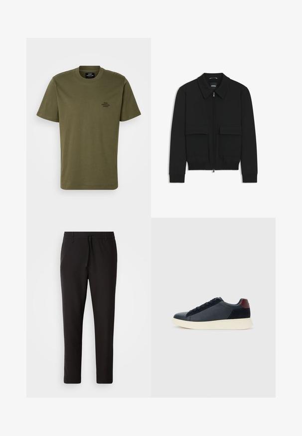 Black bomber jacket with a collared neck, zip front, and two large flap pockets. Features ribbed cuffs and hem, made of textured fabric.; Olive green short-sleeve T-shirt made of cotton, featuring a round neckline and a small embroidered logo on the left chest. Smooth texture.; Black jogger pants made of smooth fabric. Feature an elastic waistband with a drawstring, tapered legs, and no visible pockets. Simple design.; Low-top men's sneaker in black leather and suede with maroon heel tab and white rubber sole, viewed from the outer side.
