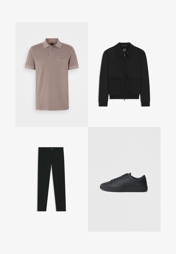 Musta pommikohva takki, jossa on kauluskulli, vetoketju etupuolella ja kaksi suurta läpällistä taskua. Varustettu ribbireunuksilla hihoissa ja helmassa, valmistettu teksturoituneesta kankaasta.; Vaaleanruskea polo-paita, joka on valmistettu pehmeästä puuvillasta. Siinä on klassinen kaulus, kaksinappinen listo ja hienovarainen logo-tyylitys rinnassa.; Musta housut, joissa on suora lahje, valmistettu sileästä kankaasta. Edessä nappisulku ja vyölenkit. Yksinkertainen ilman kuvioita.; Mustat lenkkarit, jotka on valmistettu sileästä nahasta, matalalla varrella, pyöreällä varvalla ja tasaisella kumipohjalla. Varusteena nauhat ja huomaamaton brändäys.