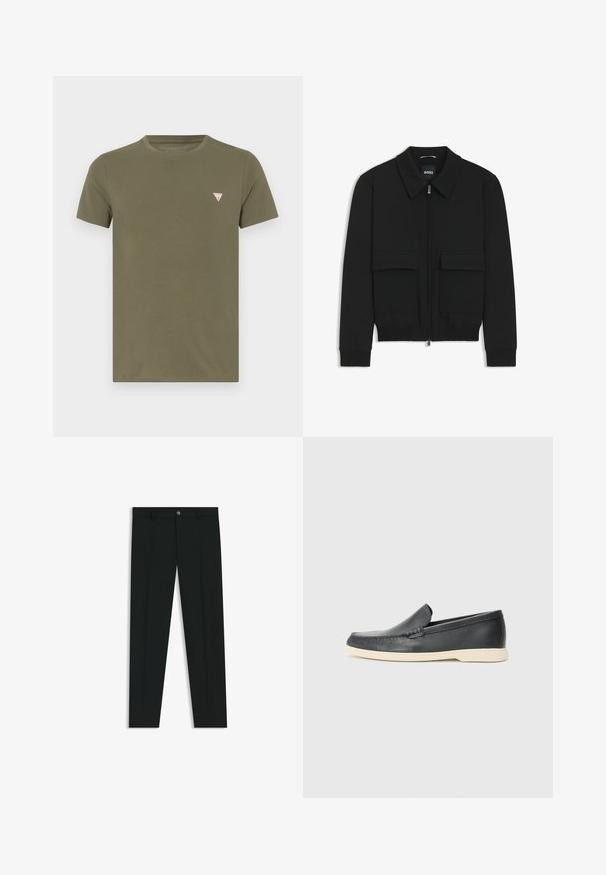 Svart bomberjacka med krage, dragkedja framtill och två stora klafffickor. Har ribbade mudd och nederkant, tillverkad av strukturerad tyg.; Olivgrön t-shirt med kort ärm i bomull, med en liten triangel-logotyp i rött och vitt på vänster bröst.; Svarta dressbyxor med rak bendesign, gjorda av ett mjukt tyg. Har stängning med frontknapp och bälteshällor. Enfärgade utan mönster.; Svarta läder slip-on loafers med en texturerad yta och en kontrasterande beige gummisula. Har en subtil accent längs fram.