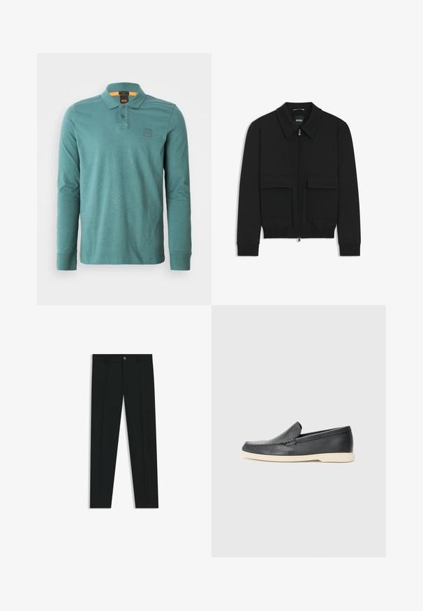 Zwarte bomberjack met een kraag, rits aan de voorkant en twee grote klepzakken. Heeft geribde manchetten en onderrand, gemaakt van textuurstof.; Polo-shirt met lange mouwen in teal katoen. Voorzien van een kraag, twee knopen en een klein logopatch op de linkerborst.; Zwarte dresspants met een recht pasvorm, gemaakt van een gladde stof. Heeft een sluiting met een knoop aan de voorkant en ceintuurlussen. Effen zonder patronen.; Zwarte leren instappers met een gestructureerde afwerking en een contrasterende beige rubberen zool. Beschikt over een subtiele accent langs de voorkant.