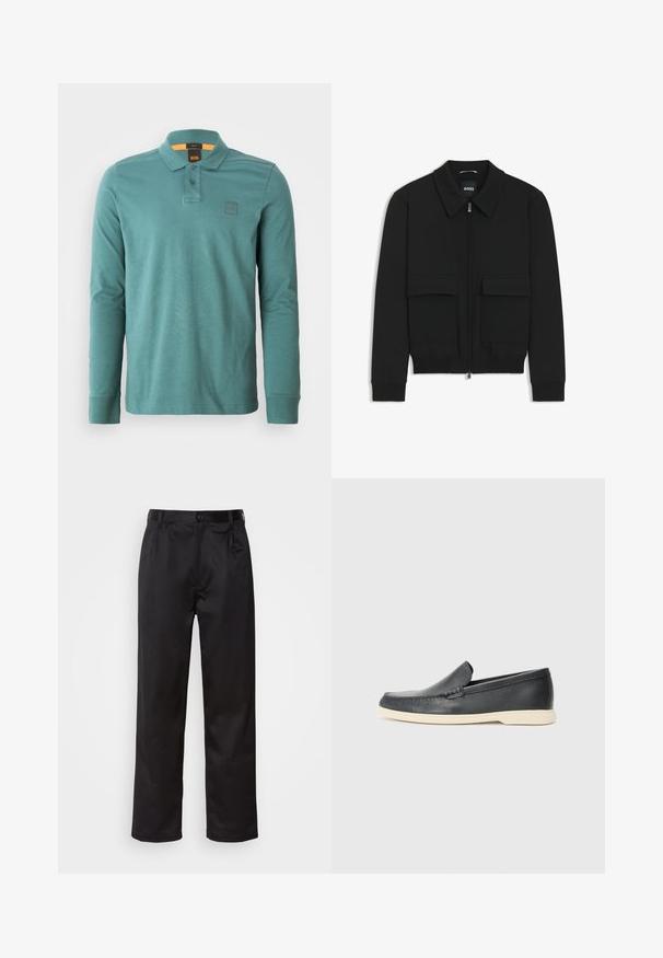 Musta pommikohva takki, jossa on kauluskulli, vetoketju etupuolella ja kaksi suurta läpällistä taskua. Varustettu ribbireunuksilla hihoissa ja helmassa, valmistettu teksturoituneesta kankaasta.; Pitkähihaiset polo-paidat teal-väristä puuvillaa. Varustettu kauluksella, kahdella napilla ja pienellä logo-tarralla vasemmassa rinnassa.; Musta housut sileästä kankaasta, joissa on etupainike, laskokset ja suorat lahkeet. Ei näkyviä kuvioita tai korostuksia.; Mustat nahkakengät ilman nauhoja, joissa on teksturoitu pinta ja kontrastoiva beige kumipohja. Kengissä on hillitty yksityiskohta etuosassa.