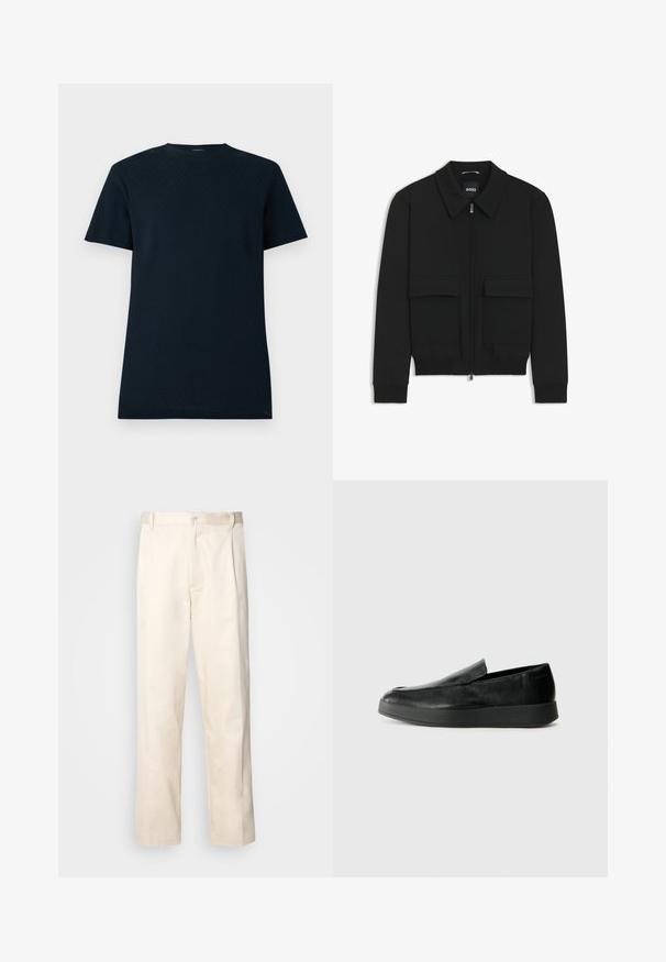 Black bomber jacket with a collared neck, zip front, and two large flap pockets. Features ribbed cuffs and hem, made of textured fabric.; Short-sleeve navy blue t-shirt made of textured fabric with a geometric pattern, featuring a round neckline and a relaxed fit.; Beige cotton trousers with a straight-leg cut, featuring a button closure and pleats at the front for added detail.; Calvin Klein HYBRID CUP - Slip-ons - triple black