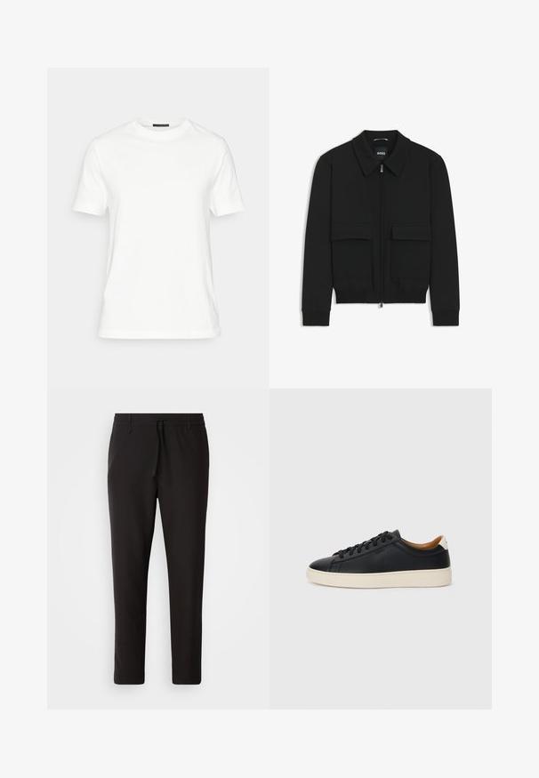 Black bomber jacket with a collared neck, zip front, and two large flap pockets. Features ribbed cuffs and hem, made of textured fabric.; White cotton t-shirt with short sleeves, round neckline, and a smooth texture. Features a simple design without patterns or accents.; Black jogger pants made of smooth fabric. Feature an elastic waistband with a drawstring, tapered legs, and no visible pockets. Simple design.; Black leather sneakers with a smooth texture, beige rubber sole, lace-up design, and a contrasting heel accent.