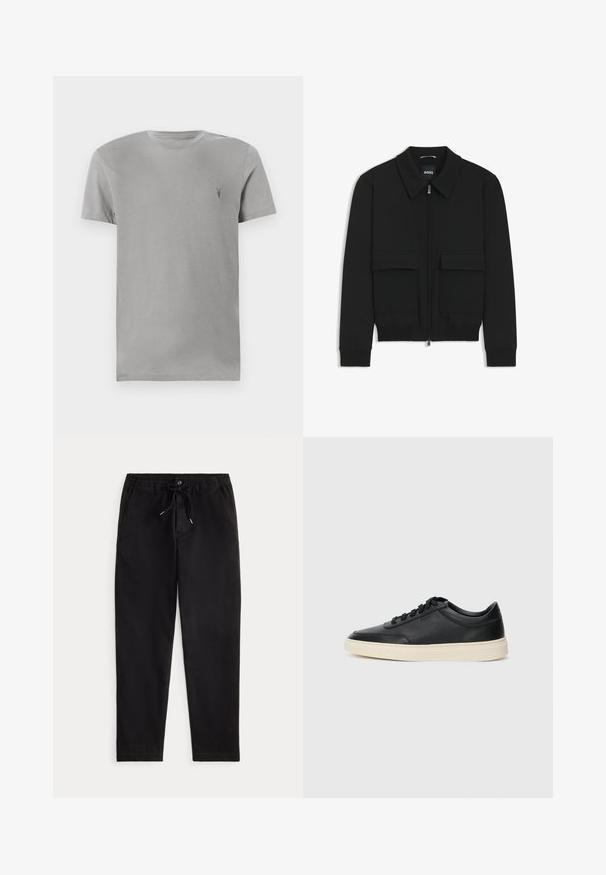 Schwarze Bikerjacke mit Kragen, Reißverschluss vorne und zwei großen Taschen mit Klappen. Mit Rippstrickbündchen und Saum, aus strukturiertem Stoff gefertigt.; Graues Baumwoll-T-Shirt mit Rundhalsausschnitt und kurzen Ärmeln. Verfügt über ein kleines dunkles Logo auf der oberen linken Seite. Klassische Passform, glatte Textur.; Schwarze Freizeit-Hosen mit elastischem Bund, Kordelzug, vorderem Knopf und seitlichen Taschen, auf einem einfarbigen Hintergrund präsentiert.; Schwarzer niedriger Ledersneaker mit schwarzen Schnürsenkeln und cremefarbenem Sohlenrand, seitlich auf weißem Hintergrund dargestellt.