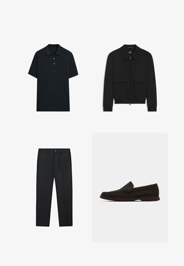 Schwarze Bikerjacke mit Kragen, Reißverschluss vorne und zwei großen Taschen mit Klappen. Mit Rippstrickbündchen und Saum, aus strukturiertem Stoff gefertigt.; Dunkelblaues Polohemd mit kurzen Ärmeln aus strukturiertem Strickstoff, mit einem Kragen und einer Knopfleiste mit drei Knöpfen, sowie einem geraden Saum.; Schwarze Hosen mit geradem Bein, gefertigt aus glattem Stoff, mit zwei Seitentaschen und einem Knopfverschluss vorne.; Dunkelbraune Wildleder-Slipper mit genähtem Zehenbereich, profilierter Gummisohle und strukturierten Akzenten an der Oberseite.
