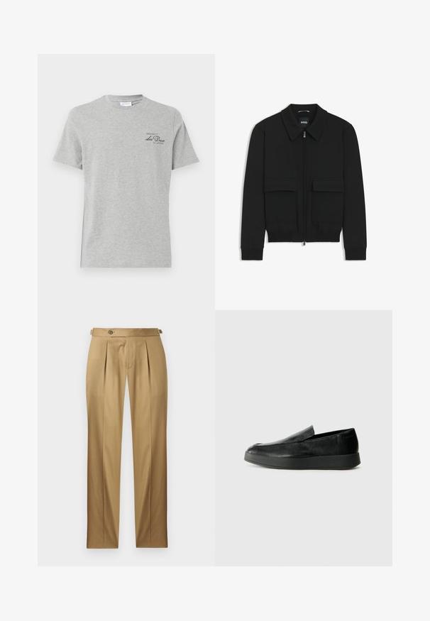 Svart bomberjacka med krage, dragkedja framtill och två stora klafffickor. Har ribbade mudd och nederkant, tillverkad av strukturerad tyg.; Grå bomullströja med rund hals, korta ärmar och en liten svart tryckt logotyp på vänster sida av framsidan. Mjuk textur och normal passform.; Beige byxor med rak passform, med veck, knappstängning och bälteshällor. Slätt tyg med en ren, skräddarsydd look.; Calvin Klein HYBRID CUP - Slip-ins - triple black