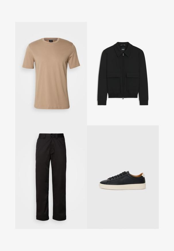 Black bomber jacket with a collared neck, zip front, and two large flap pockets. Features ribbed cuffs and hem, made of textured fabric.; Beige short-sleeve t-shirt made of smooth cotton, featuring a crew neck and subtle brand logo on the chest. Simple and minimalist design.; Black trousers made of smooth fabric, featuring a zip fly, button closure, and rolled cuffs for a casual design.; Black leather sneakers with a smooth texture, beige rubber sole, lace-up design, and a contrasting heel accent.