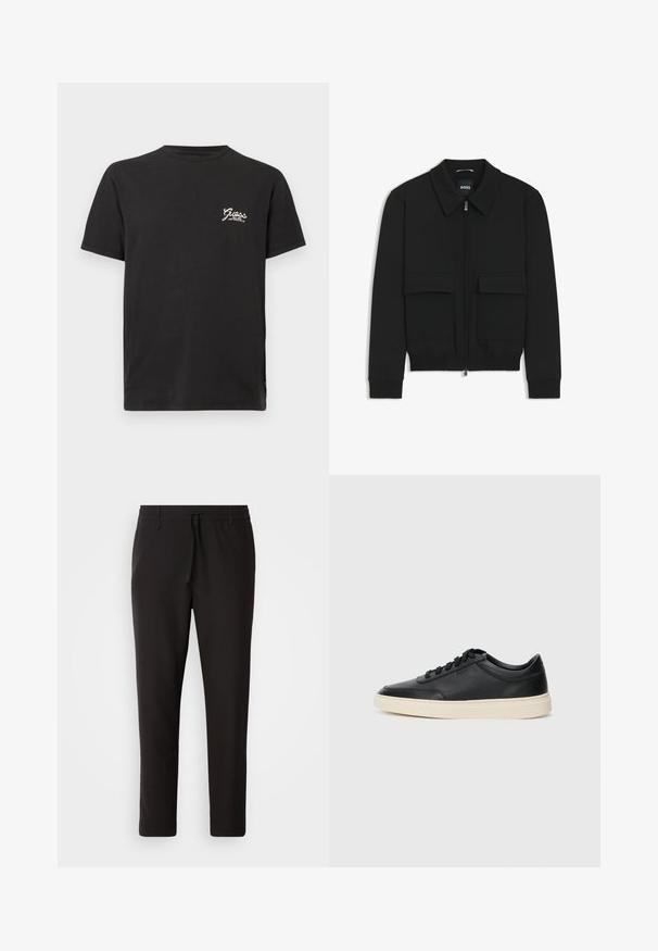 Black bomber jacket with a collared neck, zip front, and two large flap pockets. Features ribbed cuffs and hem, made of textured fabric.; Black cotton t-shirt with a round neckline and short sleeves. Features white "Guess" logo on the left chest area. Classic straight cut.; Black jogger pants made of smooth fabric. Feature an elastic waistband with a drawstring, tapered legs, and no visible pockets. Simple design.; Black low-top leather sneaker with black laces and off-white sole shown in side profile on white background.