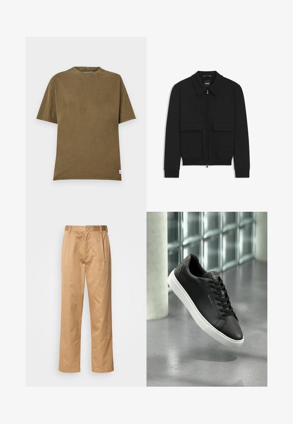 Schwarze Bikerjacke mit Kragen, Reißverschluss vorne und zwei großen Taschen mit Klappen. Mit Rippstrickbündchen und Saum, aus strukturiertem Stoff gefertigt.; Olivegrünes Baumwoll-T-Shirt mit Rundhalsausschnitt, kurzen Ärmeln und einer lockeren Passform. Verfügt über klare Linien und ein kleines Etikett am Saum.; Khaki-Hosen aus Baumwollmischung, im geraden Schnitt, mit Vorderfalten, Gürtelschlaufen und Knopfverschluss. Glatte Textur ohne Muster.; Schwarze Ledersneaker mit weißer Gummisohle, runden Zehen und Schnürung. Verfügt über eine glatte Textur und dezente Markenkennzeichnung auf der Zunge.