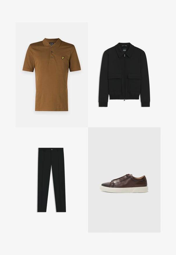 Zwarte bomberjack met een kraag, rits aan de voorkant en twee grote klepzakken. Heeft geribde manchetten en onderrand, gemaakt van textuurstof.; Bruine polo shirt van katoen, voorzien van een klassieke kraag, een drie-knopen knoopsluiting en een gele geborduurde logo op de borst.; Zwarte dresspants met een recht pasvorm, gemaakt van een gladde stof. Heeft een sluiting met een knoop aan de voorkant en ceintuurlussen. Effen zonder patronen.; Bruine leren sneaker met een ronde neus, contrasterende witte rubberen zool, gestikte accenten en geen zichtbare veters. Over het algemeen een gladde textuur.