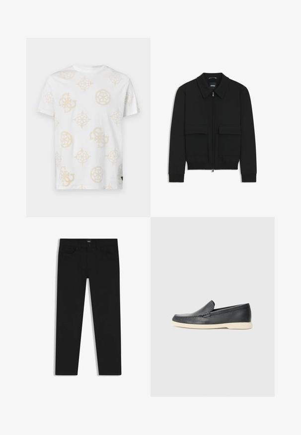 Zwarte bomberjack met een kraag, rits aan de voorkant en twee grote klepzakken. Heeft geribde manchetten en onderrand, gemaakt van textuurstof.; Witte katoenen t-shirt met een lichtbeige abstract patroon van verschillende geometrische vormen en logo's. Ronde hals en korte mouwen.; Zwarte denim broek met een rechte snit, voorzien van een standaard tailleband, vijf zakken en een knoopsluiting. Gladde textuur overal.; Zwarte leren instappers met een gestructureerde afwerking en een contrasterende beige rubberen zool. Beschikt over een subtiele accent langs de voorkant.