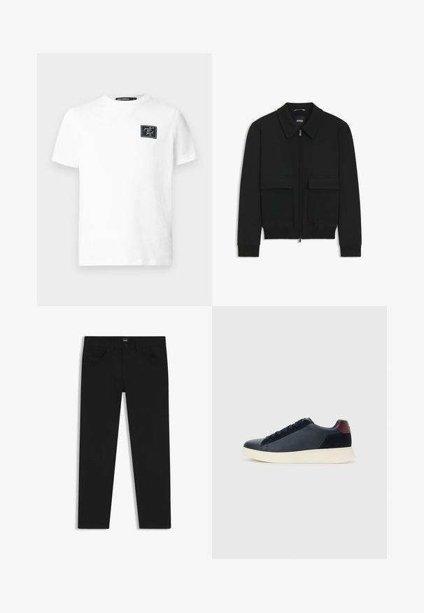 Black bomber jacket with a collared neck, zip front, and two large flap pockets. Features ribbed cuffs and hem, made of textured fabric.; White short-sleeve crew neck t-shirt with a small black rectangular patch on the left chest featuring white cursive text.; Black denim trousers with a straight cut, featuring a standard waistband, five pockets, and a button closure. Smooth texture throughout.; Low-top men's sneaker in black leather and suede with maroon heel tab and white rubber sole, viewed from the outer side.