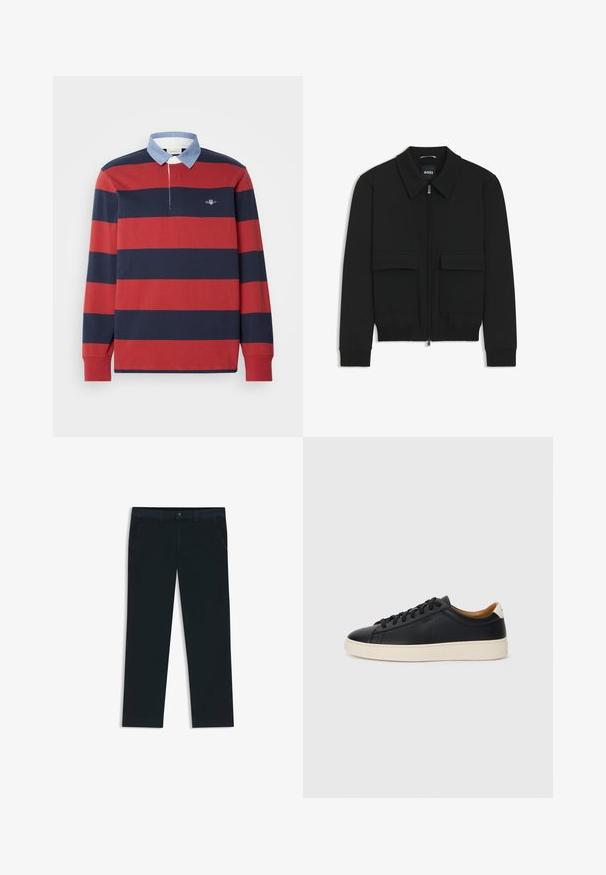 Musta pommikohva takki, jossa on kauluskulli, vetoketju etupuolella ja kaksi suurta läpällistä taskua. Varustettu ribbireunuksilla hihoissa ja helmassa, valmistettu teksturoituneesta kankaasta.; GANT STRIPE HEAVY RUGGER - Pitkähihainen paita - iron red; Tummansinisiä chinos-housuja, jotka on valmistettu puuvillasekoitteesta. Niissä on vyölenkit, etutaskut sekä vetoketjulla varustettu nappisulku.; Mustat nahkasneakerit, joissa on sileä pinta, beige kumipohja, nauhakiinnitys ja erottuva kanta-aksentti.