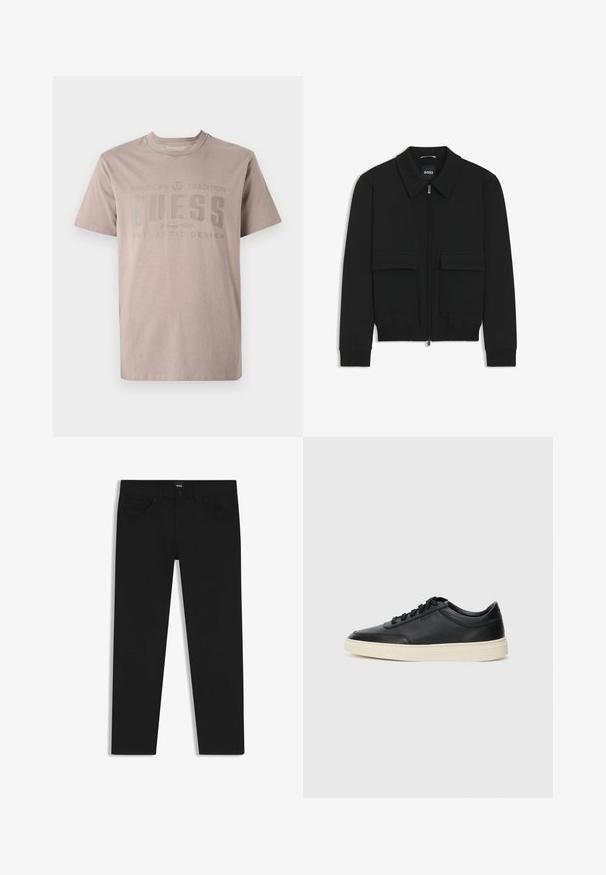Schwarze Bikerjacke mit Kragen, Reißverschluss vorne und zwei großen Taschen mit Klappen. Mit Rippstrickbündchen und Saum, aus strukturiertem Stoff gefertigt.; Helles beigefarbenes T-Shirt aus Baumwolle mit Rundhalsausschnitt, kurzen Ärmeln und einem Aufdruck mit dem Markennamen "GUESS" in Dunkelgrau.; Schwarze Denim-Hosen mit geradem Schnitt, ausgestattet mit einem Standardbund, fünf Taschen und einem Knopfverschluss. Angenehme, glatte Textur.; Schwarzer niedriger Ledersneaker mit schwarzen Schnürsenkeln und cremefarbenem Sohlenrand, seitlich auf weißem Hintergrund dargestellt.