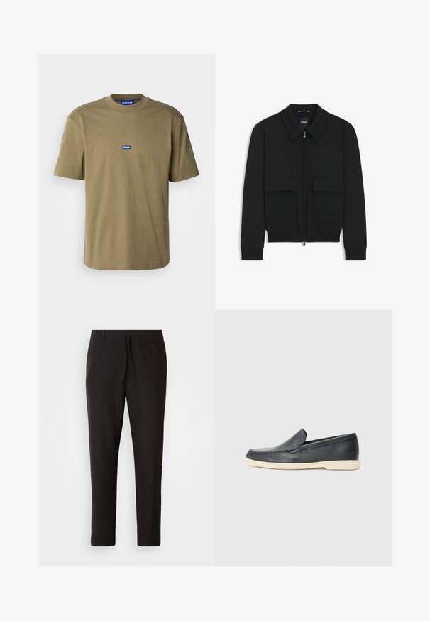 Chaqueta bomber negra con cuello tipo camisa, cierre frontal de cremallera y dos grandes bolsillos con solapa. Presenta puños ribeteados y dobladillo, confeccionada en tela texturizada.; Camiseta de algodón verde oliva, cuello redondo, mangas cortas, con un logo rectangular azul que dice "HUGO" en la parte frontal, textura suave.; Pantalones de chándal negros de tejido suave. Cuentan con una cintura elástica con cordón, piernas ajustadas y sin bolsillos visibles. Diseño sencillo.; Mocasines de piel negra sin cordones con un acabado texturizado y una suela de goma beige en contraste. Presentan un sutil acento en la parte frontal.