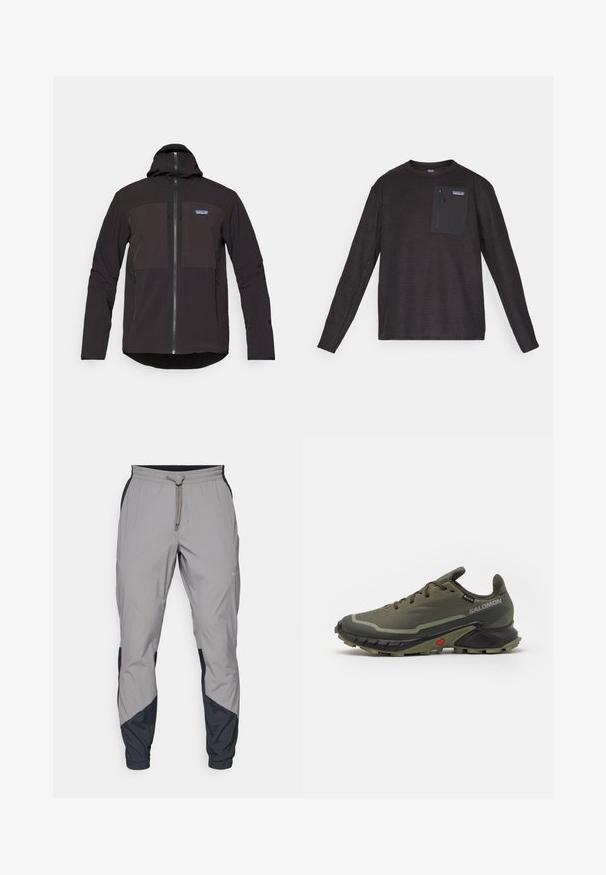 Sort hættejakke med lynlås, to forreste lynlås-lommer, struktureret stof og et logo-patch på venstre brystområde.; Sort langærmet crewneck fleece med textureret stof og lynlåslomme på brystet med Patagonia-logo.; Lettere, grå atletiske bukser med sorte detaljer. Elastisk talje, snøre lukning, tapered ben-design og sidelommer.; Olivengrønne løbesko med et tekstureret stof-overdel, sort gummisål, rund tå og justerbart snørelukning. Har røde accenter.