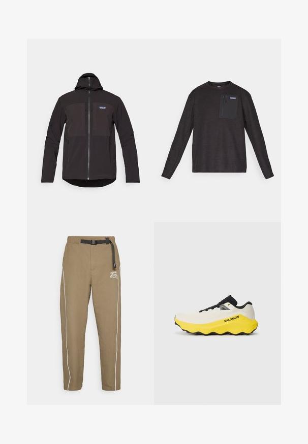 Melnā kapuce jaka ar rāvējslēdzēju, divām priekšējām rāvējslēdzēju kabatām, teksturētu audumu un logo uzlīmi kreisajā krūtīs.; Melna garām piedurknēm, apaļa kakla vilna ar teksturētu audumu un rāvējamu krūšu kabatu, kurai ir Patagonia logo.; Khaki bikses ar relaksētu piegriezumu, aprīkotas ar melnu regulējamu jostu, baltām sānu svītrām un logotipu priekšpusē. Audums izskatās viegls un teksturēts.; Skriešanas apavi ar baltu acs augšdaļu, dzeltenu vidusdaļu, melniem akcentiem un gumijas zoli ar teksturētu saķeri. "SALOMON" logo ir redzams.