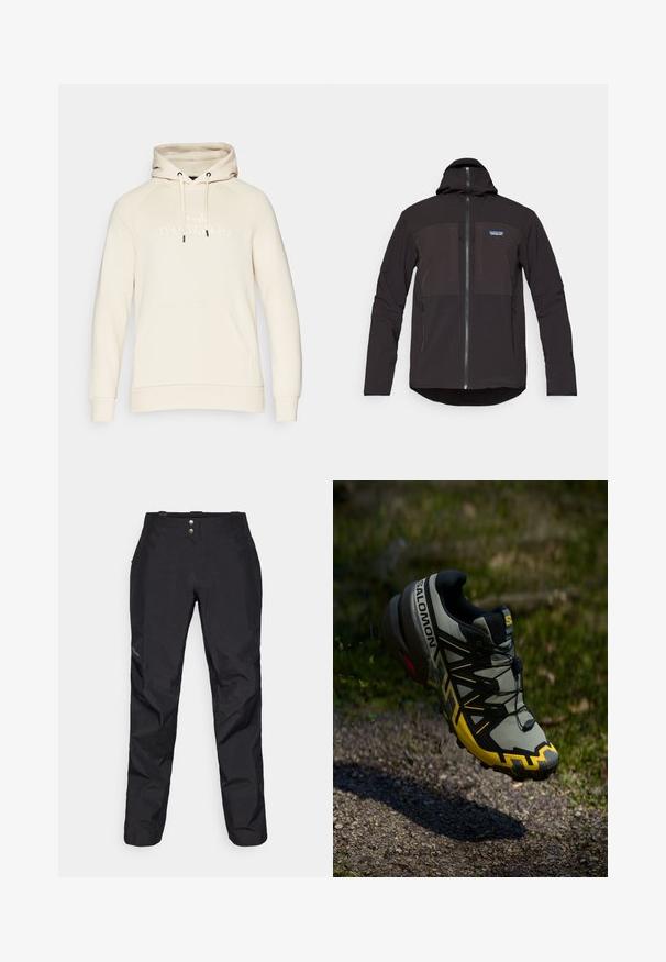 Čierna kapucňová bunda so zipsom, dvoma prednými zipsovými vreckami, texturovanou tkaninou a nášivkou loga na ľavej strane hrudníka.; Béžová mikina s kapucňou a šnúrkou, klokanková kapsa a embosované logo "Peak Performance" vpredu. Mäkký materiál.; Čierne nepremokavé nohavice s hladkou textúrou, vybavené dvoma prednými gombíkmi a zúženým strihom. Ozdobené logom na boku.; Trailová bežecká obuv Salomon v tlmenej sivej farbe s jasne žltými akcentmi. Obsahuje textúrovanú podrážku, bezpečný systém šnurovania a polstrovaný golier.