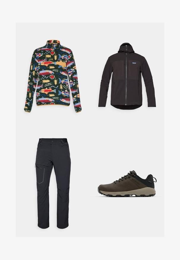 Casaco com capuz preto, apresentando um fecho de zíper, dois bolsos frontais com zíper, tecido texturizado e um patch com o logótipo na área do lado esquerdo do peito.; Pullover de fleece de mangas longas com um padrão colorido de peixes e algas marinhas, gola com botão de pressão e aba de bolso no peito em tom areia.; Calças de exterior pretas com um bolso com fecho na coxa, cintura elástica e tecido liso e resistente à água. Design limpo, sem logótipos visíveis.; Ténis impermeáveis castanhos com um upper texturizado, detalhes perfurados, apoio para o calcanhar preto e uma sola de borracha cinza. Os atacadores têm extremidades metálicas.