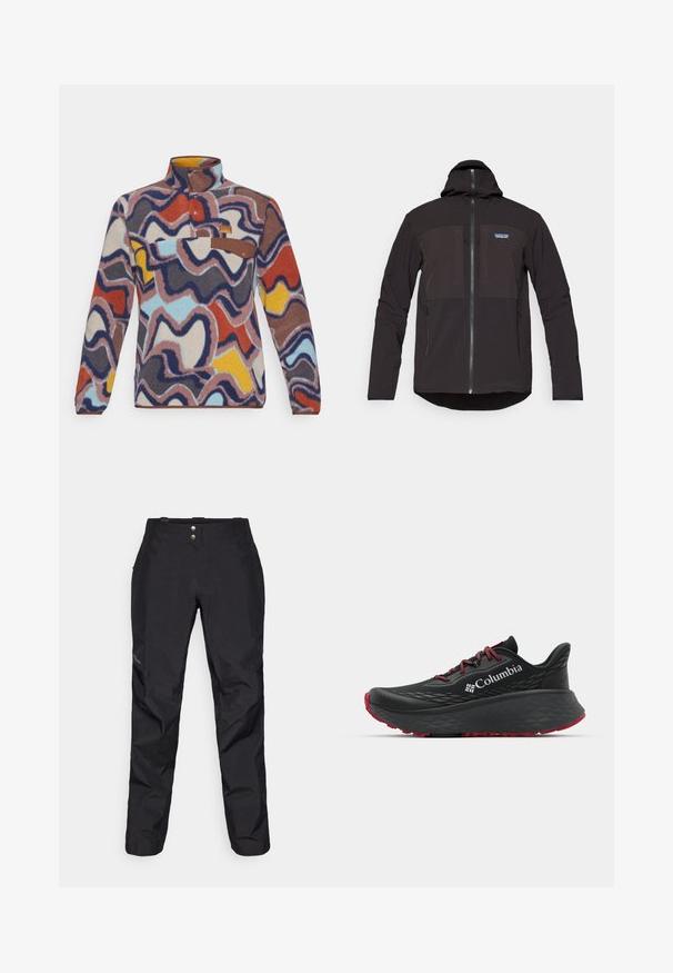 Must mustaga, millel on luku sulgemine, kaks eesmist lukuga taskut, tekstuurne kangas ja logo märk vasakul rinnapiiril.; Fliisist pullover kõrge kaelusega, millel on mitmevärviline laineline muster punases, sinises, kollases ja pruunis. Pruuni aktsendiga tasku nuppude sulgemisega.; Mustad veekindlad püksid siledast tekstuurist, kahe esipõhja nupuga ja kitseneva jala disainiga. Ääristatud küljele paigutatud logoga.; Mustan värvi spordijalats tekstuuriga pealisega, punaste paelte ja logoga. Paksem tallaga, millel on mustritooted kaheksast edasi liikumiseks. Minimalistlik disain, külgvaade.