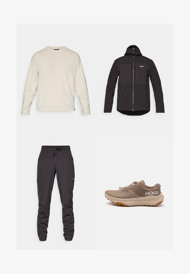 Μαύρο ζακέτο με κουκούλα που διαθέτει κλείσιμο με φερμουάρ, δύο μπροστινές τσέπες με φερμουάρ, υφασμάτινη υφή και λογότυπο στο αριστερό μέρος του στήθους.; Ανοιχτό μπεζ φούτερ με στρογγυλή λαιμόκοψη, ραψίματα ράγκλαν και υφαντό ύφασμα. Το στρίφωμα είναι ελαφρώς κοντό με λογότυπο στο πλάι.; Μαύρο παντελόνι αθλητικής εφαρμογής με κορδόνια, με πλαϊνές τσέπες, ελαφρώς τσαλακωμένο ύφασμα και ένα μικρό ορατό λογότυπο στον δεξί μηρό.; Φωτεινά μπεζ αθλητικά παπούτσια με υφή στη πάνω επιφάνεια, καουτσούκ σόλα και λογότυπο HOKA. Διαθέτουν ελαστικά κορδόνια και ενισχυμένη φτέρνα για σταθερότητα.