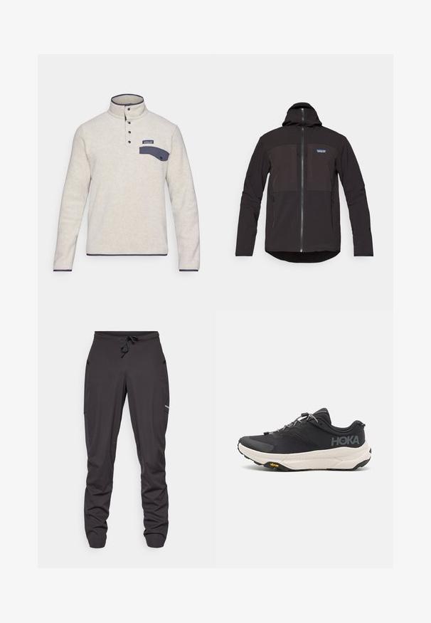 Casaco com capuz preto, apresentando um fecho de zíper, dois bolsos frontais com zíper, tecido texturizado e um patch com o logótipo na área do lado esquerdo do peito.; Pullover de fleece cinza claro com gola alta, placket de quatro botões e um bolso no peito em azul marinho. Apresenta um acabamento em azul marinho contrastante ao longo das bordas.; Calças de atletismo pretas com cordão na cintura, bolsos laterais, tecido ligeiramente amarrotado e um pequeno logótipo visível na coxa direita.; Sapatilha atlética preta com parte superior texturizada, detalhes cinzentos, elementos refletivos e uma sola branca espessa com a marca Vibram.