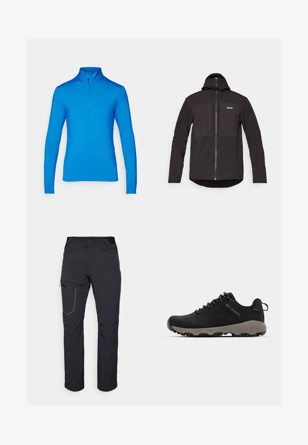 Veste à capuche noire avec fermeture éclair, deux poches zippées à l'avant, tissu texturé et un patch logo sur la poitrine gauche.; T-shirt de sport bleu à manches longues et demi-zip, composé d'un tissu lisse et léger ; possède un col haut et des coutures plates.; Pantalon d'extérieur noir avec poche sur la cuisse zippée, taille élastique et tissu lisse, résistant à l'eau. Design épuré sans logos visibles.; Chaussure de randonnée noire avec une tige lisse, un design perforé, une semelle extérieure grise et un talon renforcé. Comprend des lacets et une languette pour un enfilage facile.