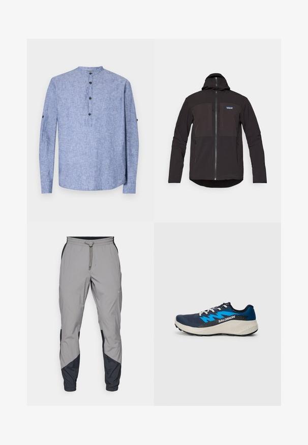 Black hooded jacket featuring a zip closure, two front zip pockets, textured fabric, and a logo patch on the left chest area.; Light blue long-sleeve shirt with a round neckline, featuring a placket with three black buttons and buttoned cuffs. Smooth fabric texture.; Lightweight, gray athletic pants with black accents. Elastic waistband, drawstring closure, tapered leg design, and side pockets.; Trail running shoe in navy blue with bright blue accents. Features mesh upper, padded collar, and textured rubber sole for grip.