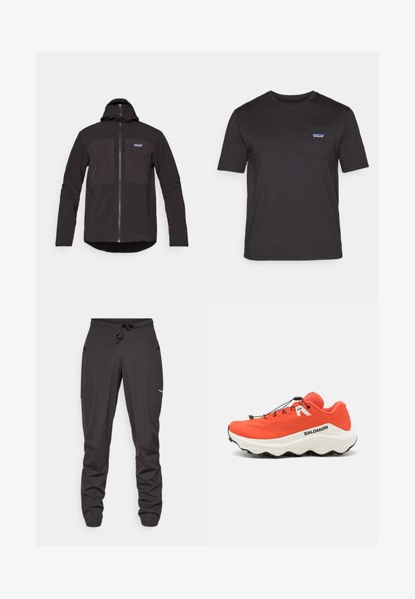 Must mustaga, millel on luku sulgemine, kaks eesmist lukuga taskut, tekstuurne kangas ja logo märk vasakul rinnapiiril.; Must nagu lühikeste varrukatega T-särk, mis on valmistatud puuvillast, ja millel on rinnatasku, kus on sinine Patagonia logo vasakul küljel.; Mustad nööriga sportlikud püksid mustas värvuses, küljetaskudega, kergelt kortsus kangas ning väike nähtav logo paremal reiel.; Oranžid rajajooksu kingad, millel on võrgusilmast ülemine osa, valge vaheosa, tekstuuriga must välistald ja reguleeritavad bungee-kõrvad. Bränding külgedel.