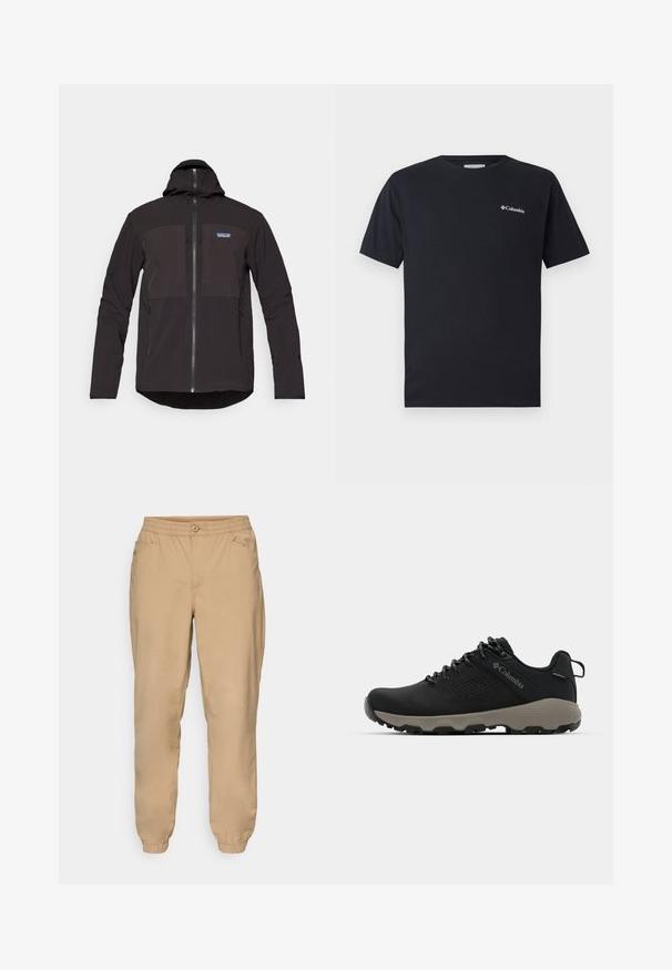 Must mustaga, millel on luku sulgemine, kaks eesmist lukuga taskut, tekstuurne kangas ja logo märk vasakul rinnapiiril.; Must muströöpide t-särk, mis on valmistatud puuvillast, ning mille vasakul rinnal on väike valge Columbia logo. Klassikaline ümar kaelus ja lõdvestunud lõige.; Bežist elastse vöökoht jogger-püksid nupuga, küljetaskud ja elastsed ääred.; Mustad matkajalanõud musta ülemise osaga, sileda pinnaga, perforatsiooni disainiga, hallal väljal ja tugevdatud kontsaga. Omab paelu ja tõmbetaba lihtsaks selga panemiseks.