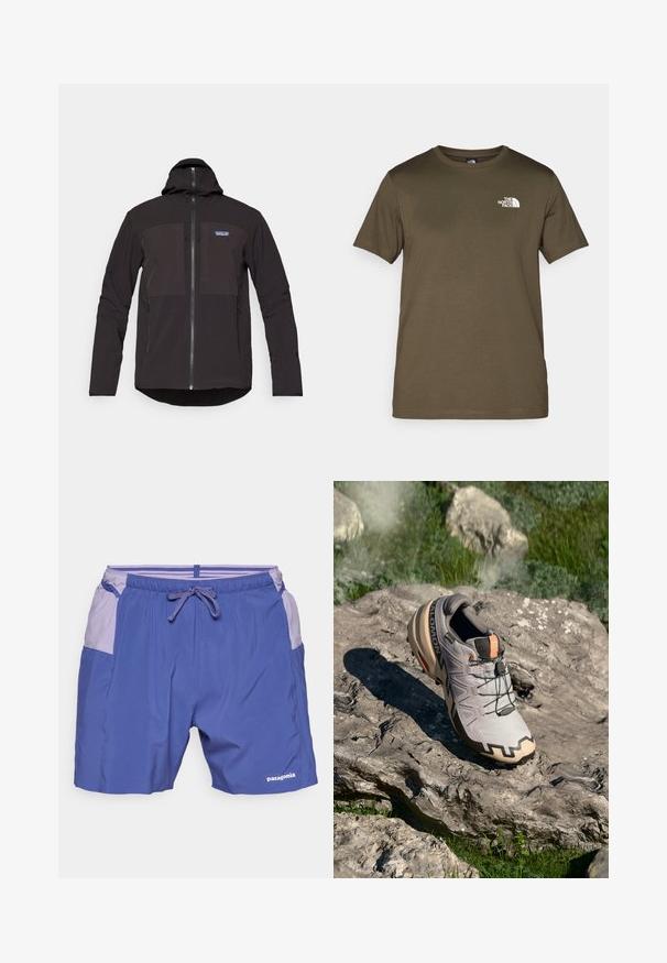 Μαύρο ζακέτο με κουκούλα που διαθέτει κλείσιμο με φερμουάρ, δύο μπροστινές τσέπες με φερμουάρ, υφασμάτινη υφή και λογότυπο στο αριστερό μέρος του στήθους.; Ελαιόχρωμο βαμβακερό t-shirt με κοντά μανίκια, στρογγυλή λαιμόκοψη και λευκό λογότυπο στην αριστερή πλευρά του στήθους. Απαλή υφή υφάσματος, κανονική εφαρμογή.; Μπλε μαγιό με ανοιχτό μωβ λεπτομέρειες, ελαστική μέση, κλείσιμο με κορδόνι και πλαϊνές τσέπες. Κατασκευασμένο από ελαφρύ, γρήγορο στεγνό ύφασμα.; Ανοιχτό γκρι παπούτσι τρεξίματος με έντονα χαρακτηριστικά σε μπεζ, υφή στο επάνω μέρος, μαύρα κορδόνια και έντονο έγγραφο στην σόλα. Διαθέτει το λογότυπο της μάρκας.