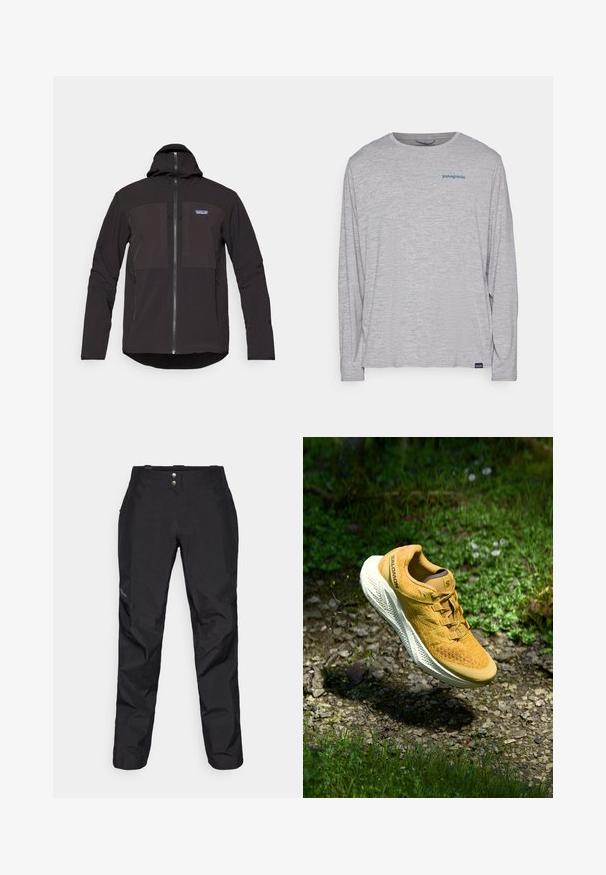 Black hooded jacket featuring a zip closure, two front zip pockets, textured fabric, and a logo patch on the left chest area.; Light gray long-sleeve t-shirt made of soft, textured fabric. Features a crew neck and a small blue Patagonia logo on the chest.; Black waterproof pants with a smooth texture, featuring two front buttons and a tapered leg design. Accented with a logo on the side.; Yellow Salomon running shoe hovering above gravel path surrounded by green grass and small wildflowers in natural light.