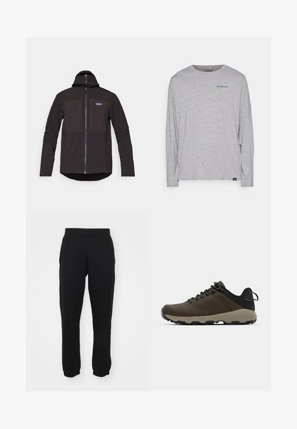 Svart hettegenser med glidelås, to frontlommer med glidelås, teksturert stoff og et logo-patch på venstre brystområde.; Lys grå langermet t-skjorte laget av myk, teksturert stoff. Har rund hals og en liten blå Patagonia-logo på brystet.; Svart joggebukse laget av en bomullsblanding, med elastisk midjebånd, tapered ben og ribbede mansjetter ved anklene. Enkel design, ingen mønstre.; Brune vanntette joggesko med teksturert overdel, perforerte detaljer, svart hæl støtte og en grå gummisåle. Snøring er stilisert med metalliske ender.