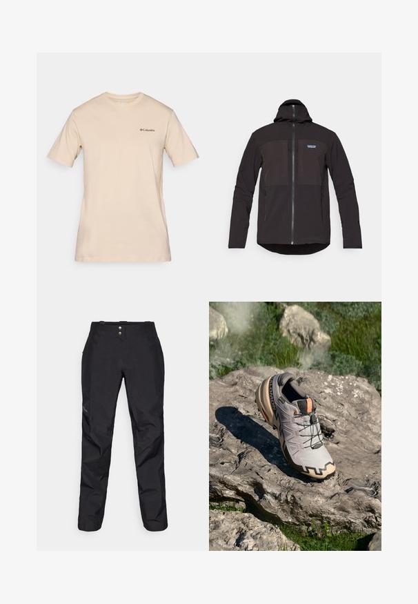 Juoda gobtuvinė striukė su užtrauktuku, dviem priekinėm užtrauktuko kišenėm, tekstūruota medžiaga ir logotipo pleistru kairėje krūtinės pusėje.; Šviesiai rudos spalvos trumpomis rankovėmis marškinėliai, pagaminti iš medvilnės, su maža juoda "Columbia" logotipo etikete kairėje krūtinės pusėje. Standartinis apvalios kaklo dizainas.; Juodos vandeniui atsparios kelnės su lygia tekstūra, turinčios du priekiniai mygtukai ir siaurėjančio kirpimo dizainas. Akcentuota logotipu šone.; Šviesiai pilki bėgimo batai su smėlio spalvos akcentais, tekstūruota viršutinė dalis, juodos raišteliai ir ryškiai matomas protektorius ant padų. Yra prekės ženklo logotipas.