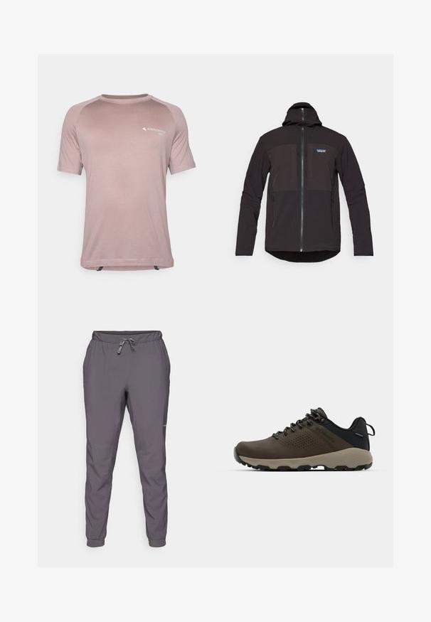 Must mustaga, millel on luku sulgemine, kaks eesmist lukuga taskut, tekstuurne kangas ja logo märk vasakul rinnapiiril.; Hele roosa, lühikeste varrukatega tehniline T-särk, mis on valmistatud hingavast kangast. Särgil on ümar kaelus, kontrastsete õlavarraste paneelid ja logokujundus.; Hallid hallid, kergekaalulised, elastse vöökohtadega püksid, mis on varustatud reguleeritava nööriga; kitsenevad jalad; sile tekstuur; sisaldab logo detaili küljel.; Kohandatud veekindlad pruunid spordijalatsid tekstuuriga pealisega, perforatsioonidega detailid, must kandetoetav osa ja hall kummine sisetald. Paelad on metallist otstega.