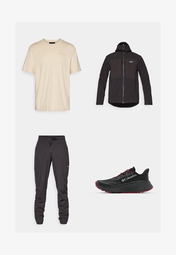 Juoda gobtuvinė striukė su užtrauktuku, dviem priekinėm užtrauktuko kišenėm, tekstūruota medžiaga ir logotipo pleistru kairėje krūtinės pusėje.; Kreminės spalvos medvilninė trumpa rankovė marškinėliai su apvaliu iškirpimu. Išskirtinai išsiuvinėtas logotipas ant krūtinės. Minkšta, glotni tekstūra.; Juodos sportinės kelnės su raišteliu, šoninėmis kišenėmis, šiek tiek raukšlėta medžiaga ir maža matoma logotipas dešinėje šlaunyje.; Juodas sportinis batelis su tekstūruota viršutine dalimi, raudonais raišteliais ir logotipu. Storas padas su raštuotu protektoriu traukai. Minimalistinis dizainas, šoninis vaizdas.