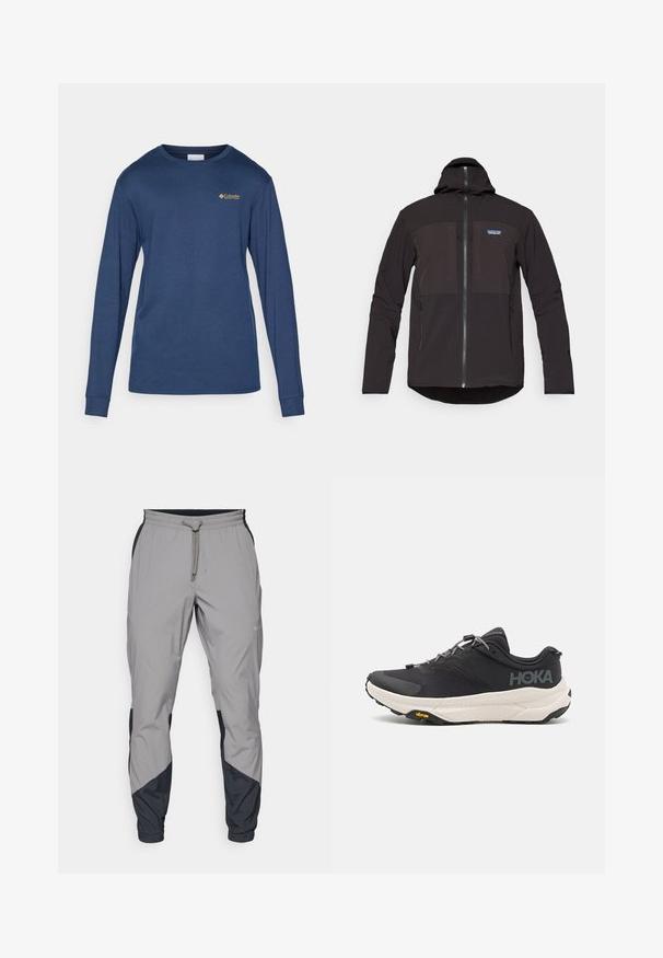 Čierna kapucňová bunda so zipsom, dvoma prednými zipsovými vreckami, texturovanou tkaninou a nášivkou loga na ľavej strane hrudníka.; Námornícka košeľa s dlhým rukávom z bavlnenej zmesi. Má okrúhly výstrih a malé vyšívané logo na hrudi. Hladká textúra.; Ľahké, šedé športové nohavice s čiernymi akcentmi. Elastický pás, sťahovanie pomocou šnúrky, zúžený strih nohavíc a bočné vrecká.; Čierne športové topánky s textúrovaným zvrškom, sivými akcentmi, reflexnými detailmi a hrubou bielou podrážkou s logom Vibram.