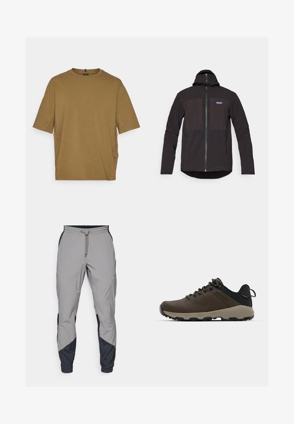 Schwarze Kapuzenjacke mit einem Reißverschluss, zwei vorderen Reißverschlusstaschen, strukturiertem Stoff und einem Logo-Patch auf der linken Brustseite.; Kurzärmliges, braunes T-Shirt aus weichem Stoff, mit Rundhalsausschnitt und seitlichen Schlitzen für zusätzlichen Komfort. Schlichtes, unverziertes Design.; Leichte, graue Sporthosen mit schwarzen Akzenten. Elastischer Bund, Kordelzugverschluss, taillierte Beinform und Seitentaschen.; Braune wasserdichte Sneakers mit einer strukturierten Oberseite, perforierten Akzenten, schwarzem Fersenschutz und einer grauen Gummisohle. Die Schnürsenkel sind mit metallischen Enden gestaltet.