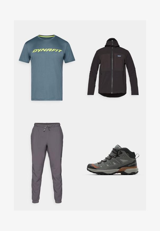 Svart hettegenser med glidelås, to frontlommer med glidelås, teksturert stoff og et logo-patch på venstre brystområde.; Blå kortermet treningsskjorte med neongul "DYNAFIT"-logo over brystet, rund hals og kontrastfarget gult indre kragebånd.; Grå, lette bukser med elastisk talje og justerbar snor; innsnevret ben; glatt tekstur; inkluderer logodetalj på siden.; Mid-cut utendørs sko i grå mesh og semsket skinn, med gummisåle, snøring foran og oransje detaljer, designet for holdbarhet og komfort.