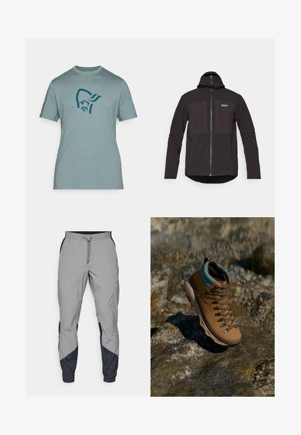 Svart hettegenser med glidelås, to frontlommer med glidelås, teksturert stoff og et logo-patch på venstre brystområde.; En kortermet, lys blå t-skjorte laget av mykt stoff, med et mørkeblått grafisk design av et stilisert hode på framsiden.; Lettvektige, grå treningsbukser med svarte detaljer. Elastisk midjebånd, snøring, tapered benedesign og sidelommer.; Brune fottøy for fotturer med syntetisk overdel, lyseblå krage, metallhull og teksturert gummisåle. Designet for utendørsaktiviteter.