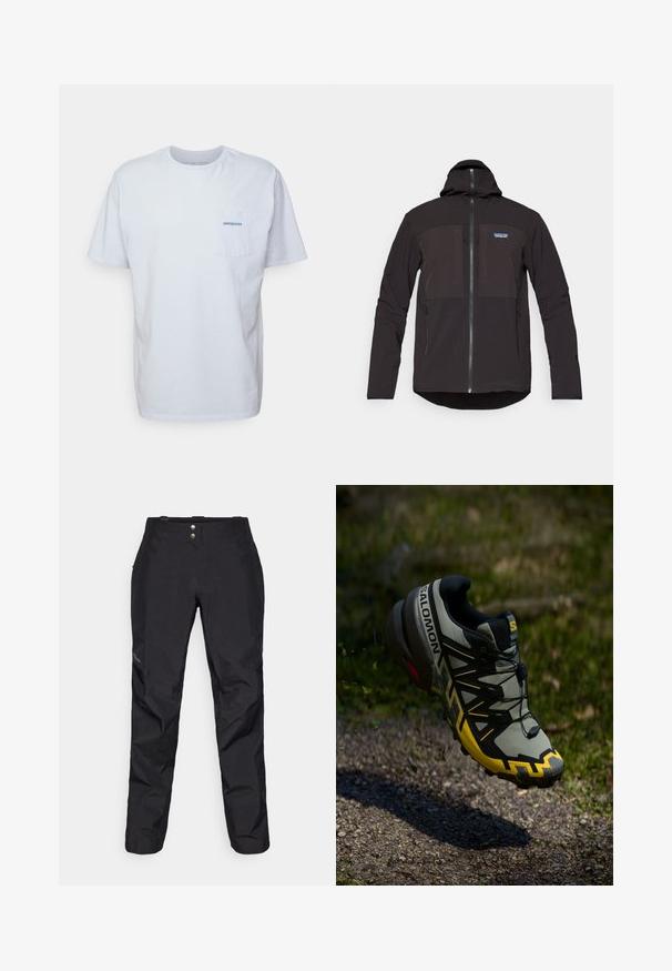 Must mustaga, millel on luku sulgemine, kaks eesmist lukuga taskut, tekstuurne kangas ja logo märk vasakul rinnapiiril.; Valge puuvillane t-särk lühikeste varrukatega, ümar kaelus ja vasakpoolne rinnatasku koos sinise "Patagonia" logoga. Klassikaline lõige, sileda tekstuuriga.; Mustad veekindlad püksid siledast tekstuurist, kahe esipõhja nupuga ja kitseneva jala disainiga. Ääristatud küljele paigutatud logoga.; Salomoni matma jooksmise kingad tuhmi halli värviga ja erksate kollaste aktsentidega. Omab tekstuuri, kindlat sidumis süsteemi ja polsterdatud krae.