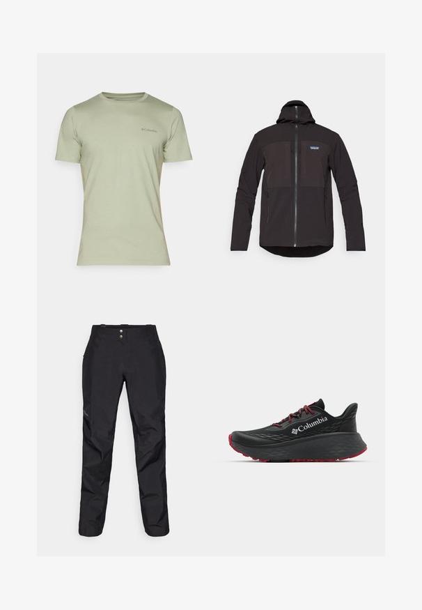 Černá kapucňová bunda s zipovým uzávěrem, dvěma předními zipovými kapsami, strukturovanou tkaninou a logem na levé části hrudi.; Tričko s krátkým rukávem a kulatým výstřihem v světle zelené barvě, vyrobené z měkké látky, s malým logem na hrudi. Jednoduchý design, žádné vzory ani akcenty.; Černé voděodolné kalhoty s hladkým povrchem, vybavené dvěma předními knoflíky a zužujícím se střihem nohavic. Ozdobené logem na boku.; Černá sportovní bota s texturovaným svrškem, červenými tkaničkami a logem. Silná podrážka s vzorovaným dezénem pro lepší trakci. Minimalistický design, boční pohled.